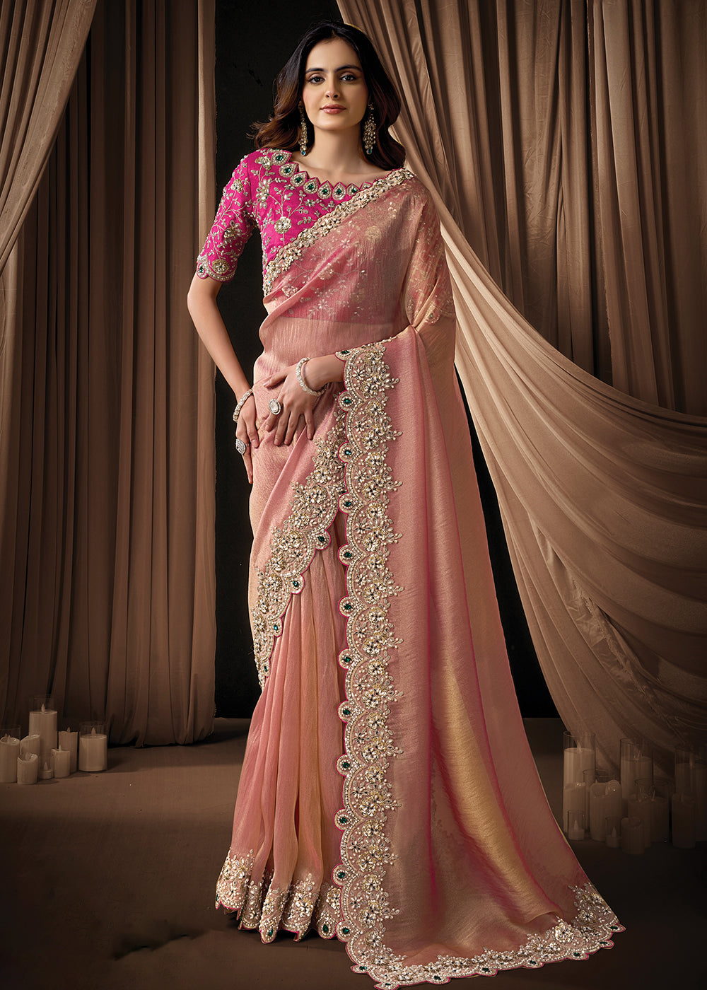 Buy Now Premium Peachy Pink Embroidered Heavy Designer Wear Saree Online in US, UK, Canada, France, Germany, Denmark, Netherland, Sweden & Worldwide at Empress.