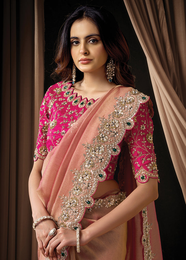 Buy Now Premium Peachy Pink Embroidered Heavy Designer Wear Saree Online in US, UK, Canada, France, Germany, Denmark, Netherland, Sweden & Worldwide at Empress.