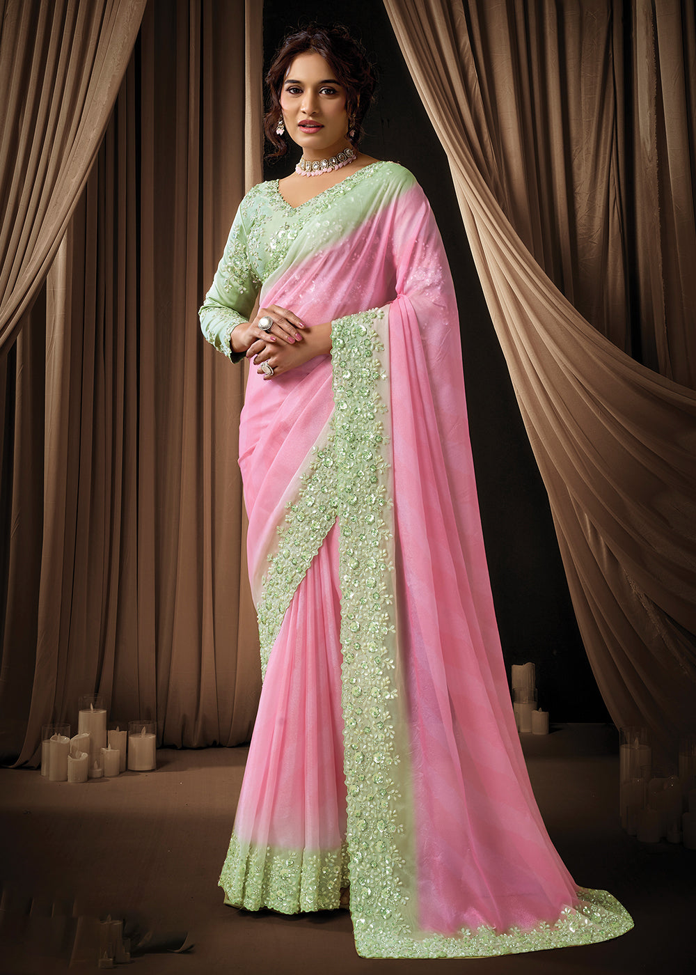 Buy Now Premium Pink Green Embroidered Heavy Designer Wear Saree Online in US, UK, Canada, France, Germany, Denmark, Netherland, Sweden & Worldwide at Empress.