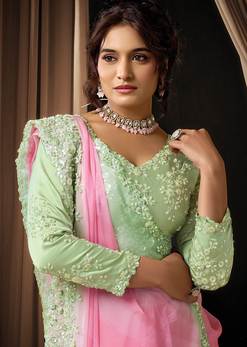 Buy Now Premium Pink Green Embroidered Heavy Designer Wear Saree Online in US, UK, Canada, France, Germany, Denmark, Netherland, Sweden & Worldwide at Empress.