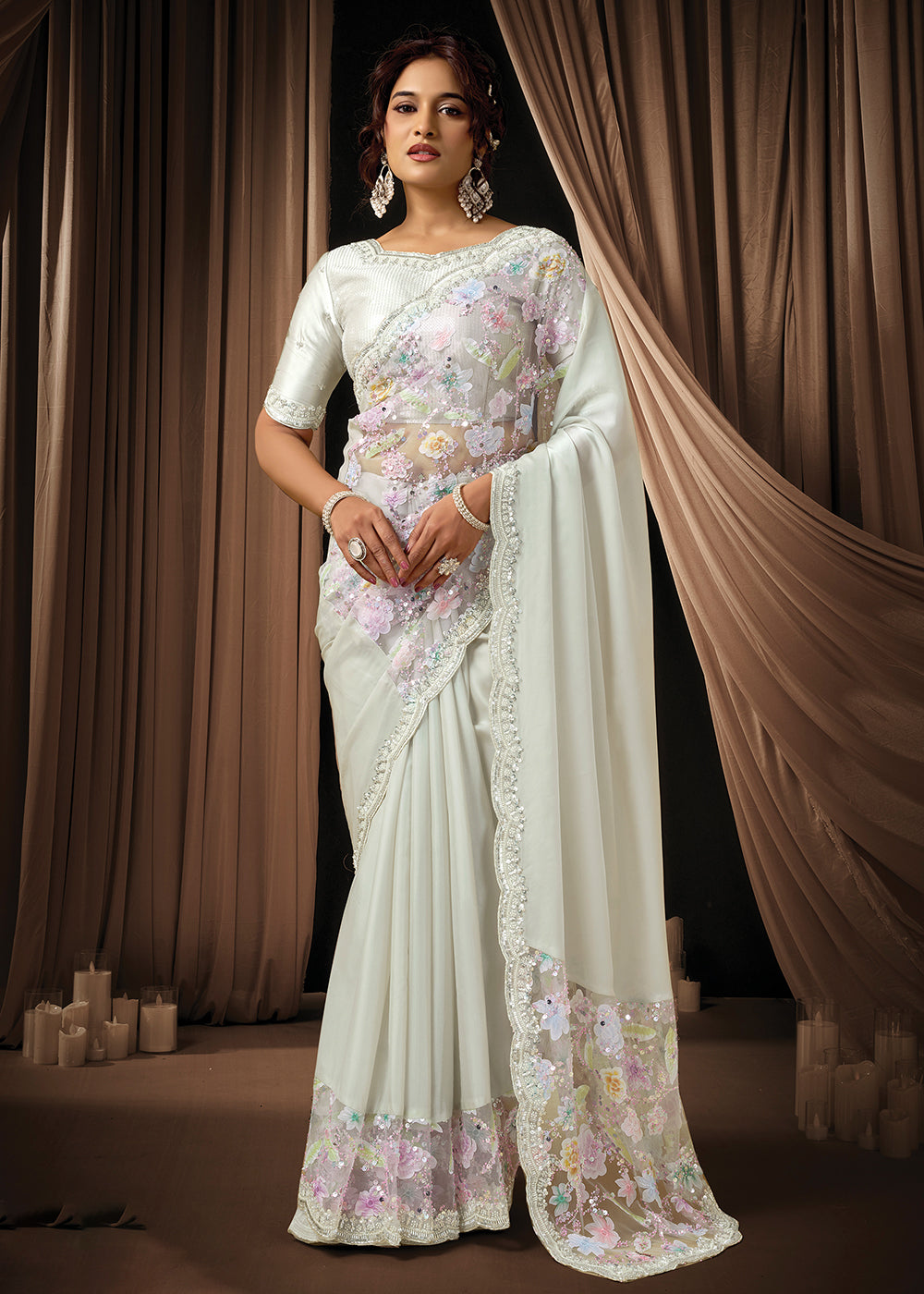 Buy Now Premium White Embroidered Heavy Designer Wear Saree Online in US, UK, Canada, France, Germany, Denmark, Netherland, Sweden, UAE & Worldwide at Empress.