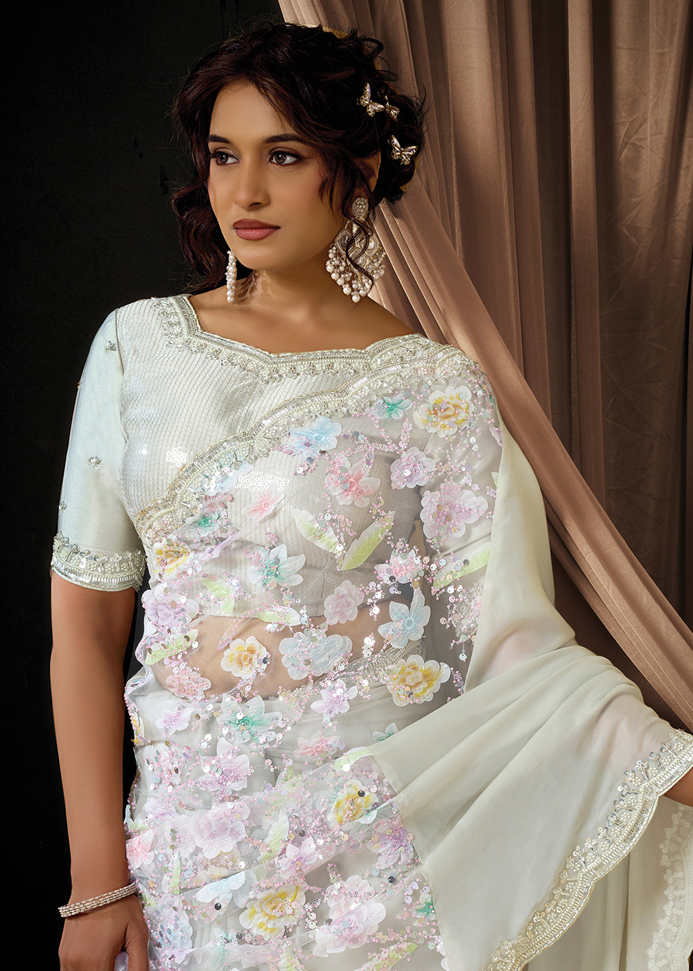 Buy Now Premium White Embroidered Heavy Designer Wear Saree Online in US, UK, Canada, France, Germany, Denmark, Netherland, Sweden, UAE & Worldwide at Empress.