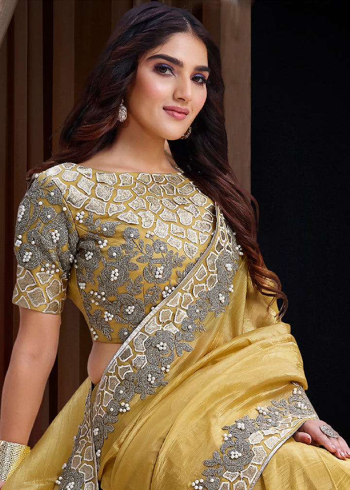 Buy Now Premium Mustard Embroidered Heavy Designer Wear Saree Online in US, UK, Canada, France, Germany, Denmark, Netherland, Sweden, UAE & Worldwide at Empress.