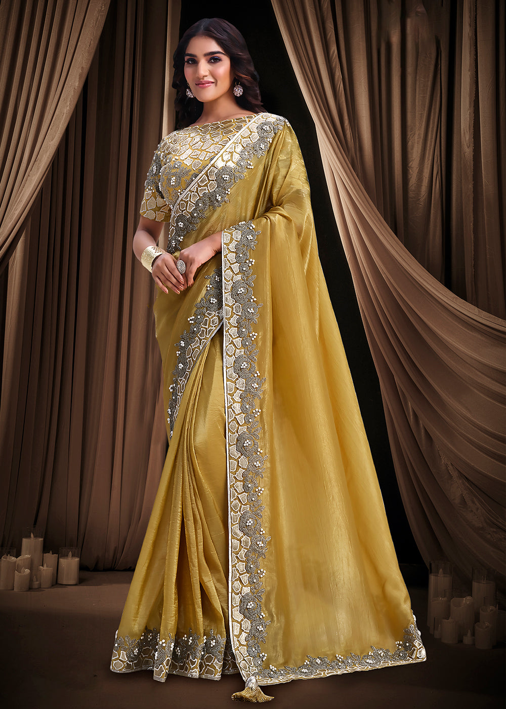 Buy Now Premium Mustard Embroidered Heavy Designer Wear Saree Online in US, UK, Canada, France, Germany, Denmark, Netherland, Sweden, UAE & Worldwide at Empress.