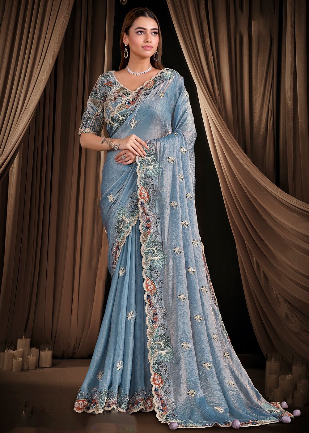 Buy Now Premium Steel Blue Embroidered Heavy Designer Wear Saree Online in US, UK, Canada, France, Germany, Denmark, Netherland, Sweden & Worldwide at Empress.