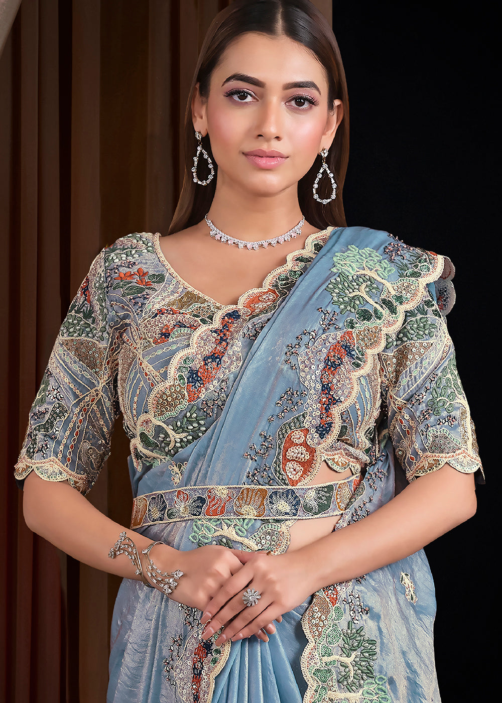 Buy Now Premium Steel Blue Embroidered Heavy Designer Wear Saree Online in US, UK, Canada, France, Germany, Denmark, Netherland, Sweden & Worldwide at Empress.