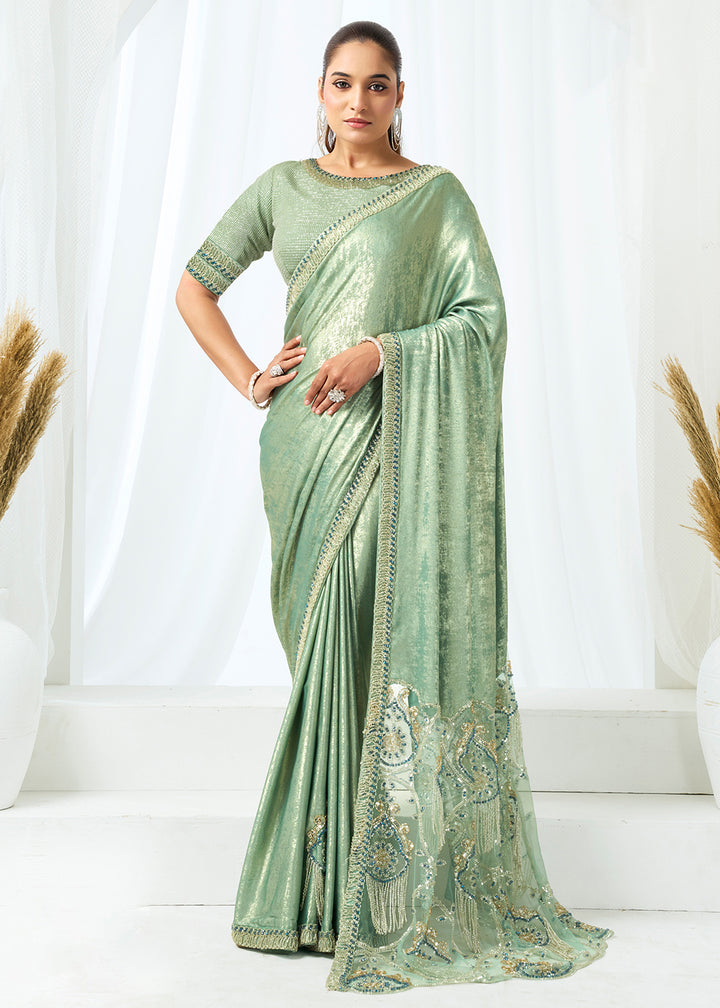 Buy Now Mint Green Embroidered Wedding Party Wear Saree Online in US, UK, Canada, France, Germany, Denmark, Netherland, Sweden, UAE & Worldwide at Empress.
