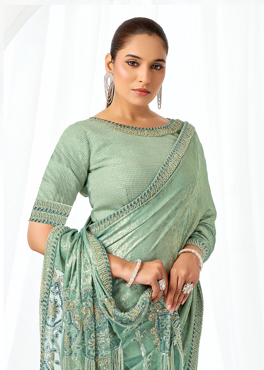 Buy Now Mint Green Embroidered Wedding Party Wear Saree Online in US, UK, Canada, France, Germany, Denmark, Netherland, Sweden, UAE & Worldwide at Empress.