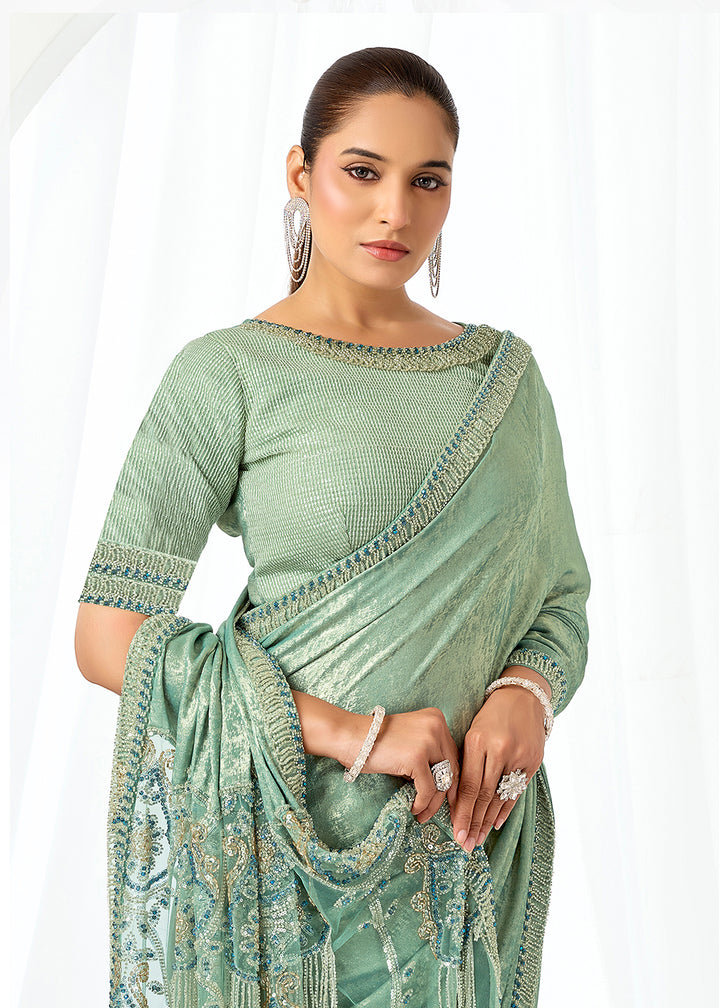 Buy Now Mint Green Embroidered Wedding Party Wear Saree Online in US, UK, Canada, France, Germany, Denmark, Netherland, Sweden, UAE & Worldwide at Empress.