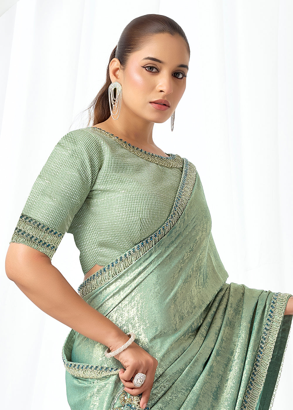 Buy Now Mint Green Embroidered Wedding Party Wear Saree Online in US, UK, Canada, France, Germany, Denmark, Netherland, Sweden, UAE & Worldwide at Empress.