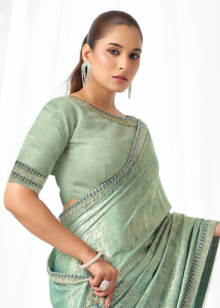 Buy Now Mint Green Embroidered Wedding Party Wear Saree Online in US, UK, Canada, France, Germany, Denmark, Netherland, Sweden, UAE & Worldwide at Empress.