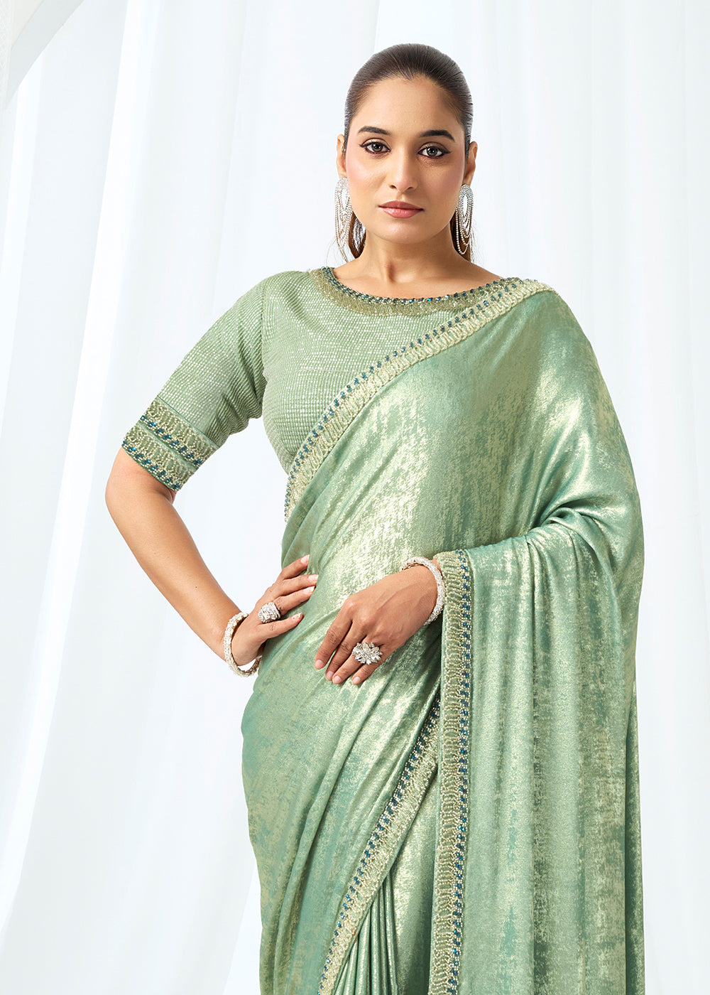 Buy Now Mint Green Embroidered Wedding Party Wear Saree Online in US, UK, Canada, France, Germany, Denmark, Netherland, Sweden, UAE & Worldwide at Empress.