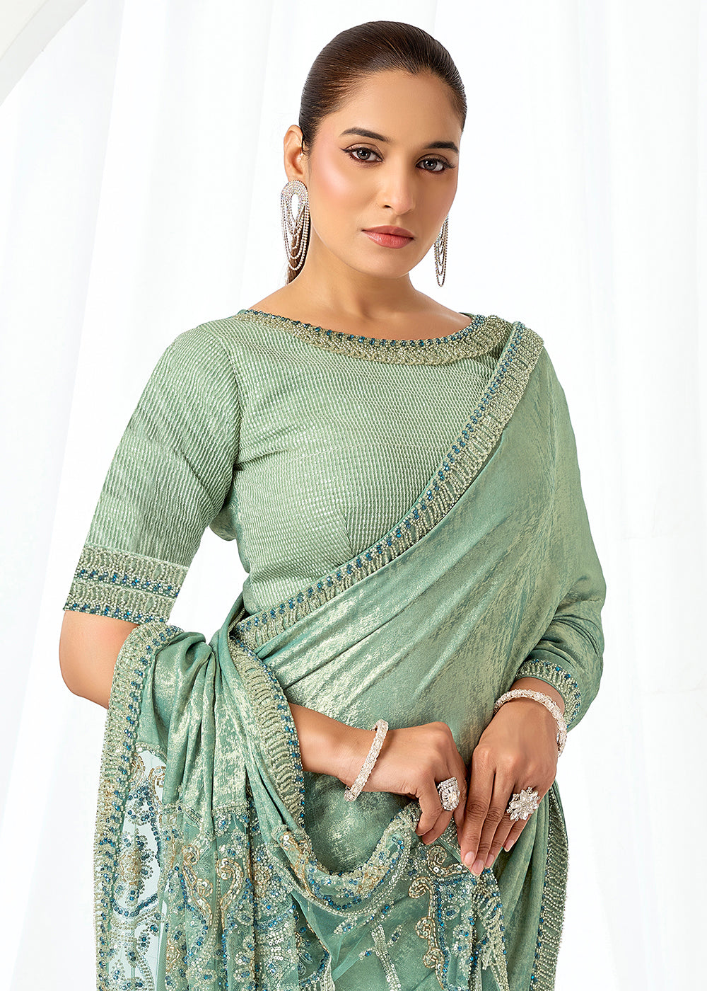 Buy Now Mint Green Embroidered Wedding Party Wear Saree Online in US, UK, Canada, France, Germany, Denmark, Netherland, Sweden, UAE & Worldwide at Empress.