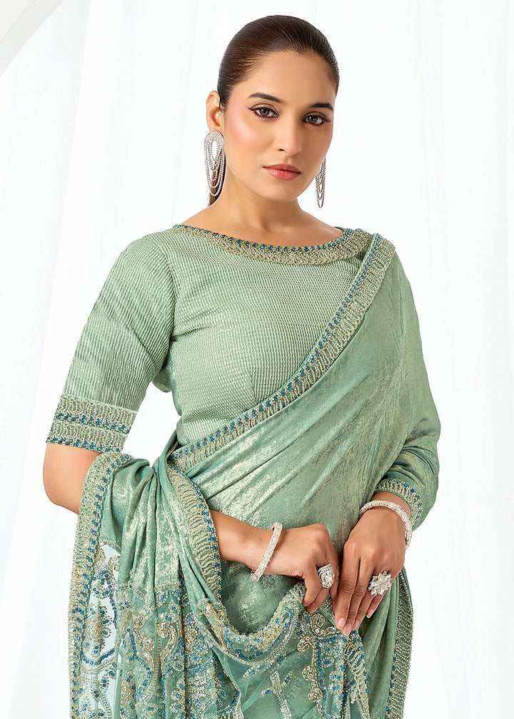 Buy Now Mint Green Embroidered Wedding Party Wear Saree Online in US, UK, Canada, France, Germany, Denmark, Netherland, Sweden, UAE & Worldwide at Empress.