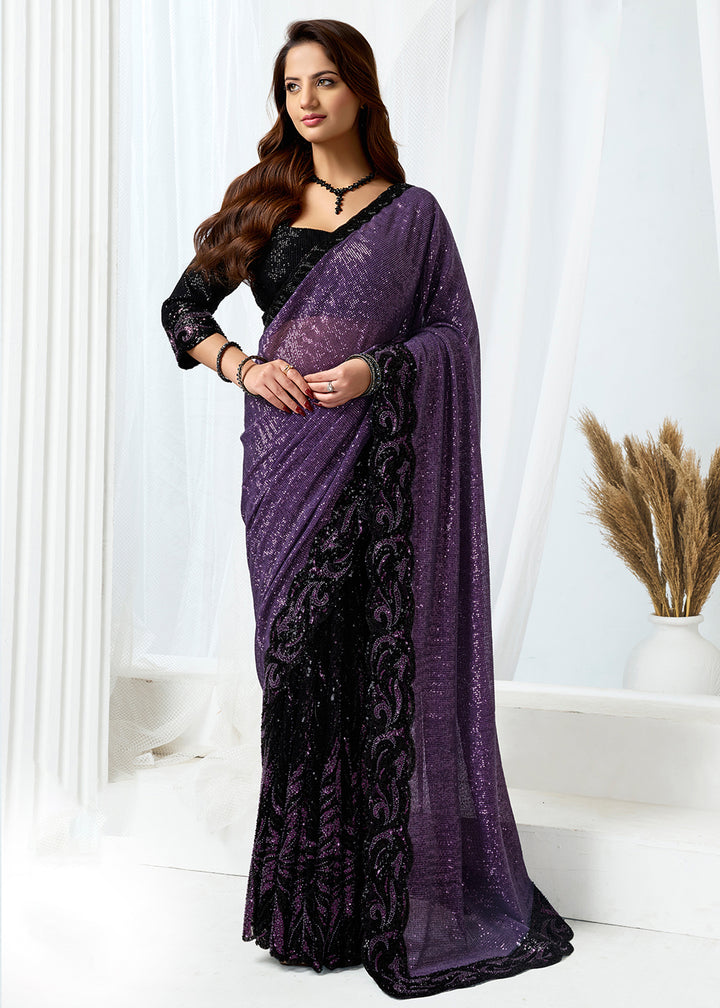 Buy Now Black Purple Embroidered Wedding Party Wear Saree Online in US, UK, Canada, France, Germany, Denmark, Netherland, Sweden, UAE & Worldwide at Empress.