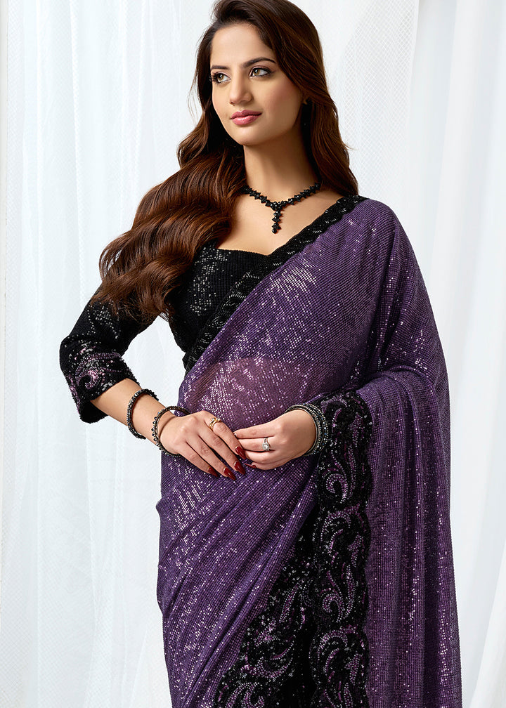 Buy Now Black Purple Embroidered Wedding Party Wear Saree Online in US, UK, Canada, France, Germany, Denmark, Netherland, Sweden, UAE & Worldwide at Empress.