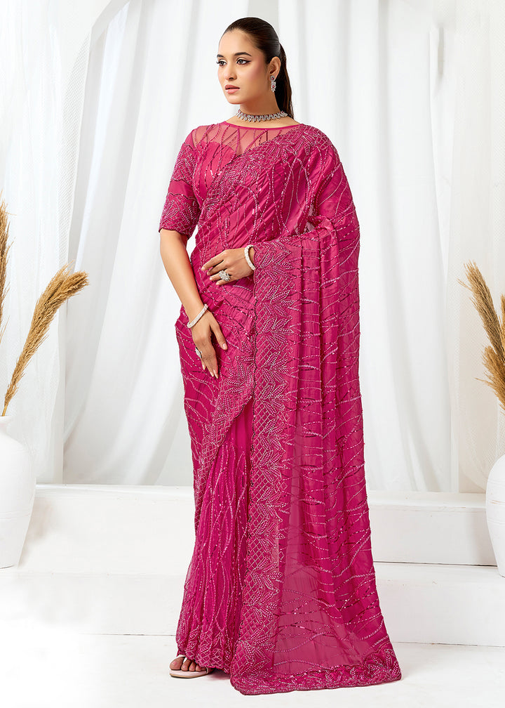 Buy Now Rani Pink Embroidered Wedding Party Wear Saree Online in US, UK, Canada, France, Germany, Denmark, Netherland, Sweden, UAE & Worldwide at Empress.