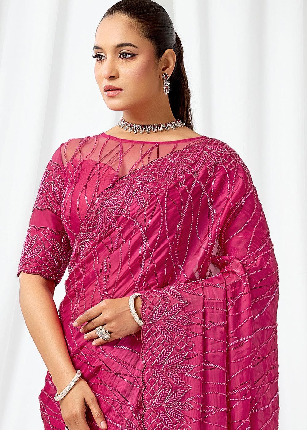 Buy Now Rani Pink Embroidered Wedding Party Wear Saree Online in US, UK, Canada, France, Germany, Denmark, Netherland, Sweden, UAE & Worldwide at Empress.