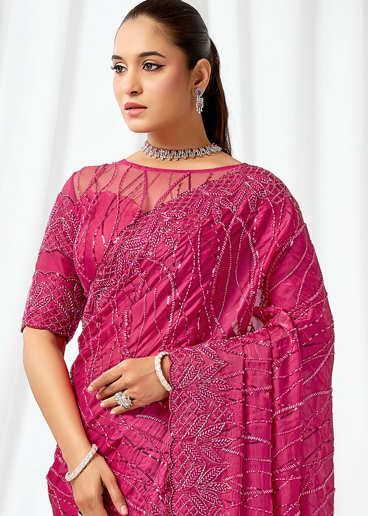 Buy Now Rani Pink Embroidered Wedding Party Wear Saree Online in US, UK, Canada, France, Germany, Denmark, Netherland, Sweden, UAE & Worldwide at Empress.