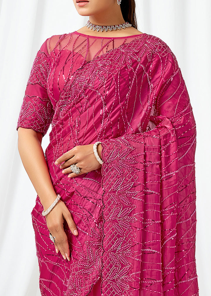 Buy Now Rani Pink Embroidered Wedding Party Wear Saree Online in US, UK, Canada, France, Germany, Denmark, Netherland, Sweden, UAE & Worldwide at Empress.