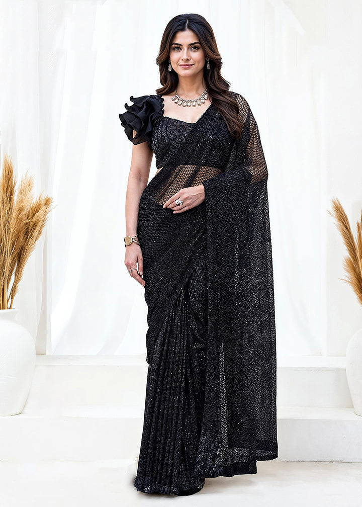Buy Fancy Black Embroidered Wedding Party Wear Saree Online in US, UK, Canada, Spain, France, Germany, Italy, Austria, Ireland, Sweden & Worldwide at Empress.