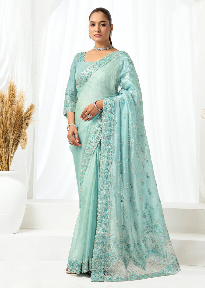 Buy Now Sea Green Embroidered Wedding Party Wear Saree Online in US, UK, Canada, France, Germany, Denmark, Netherland, Sweden, UAE & Worldwide at Empress.