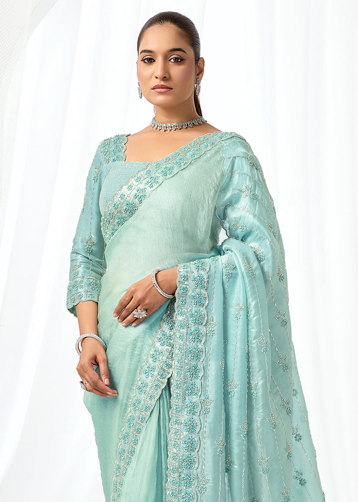 Buy Now Sea Green Embroidered Wedding Party Wear Saree Online in US, UK, Canada, France, Germany, Denmark, Netherland, Sweden, UAE & Worldwide at Empress.