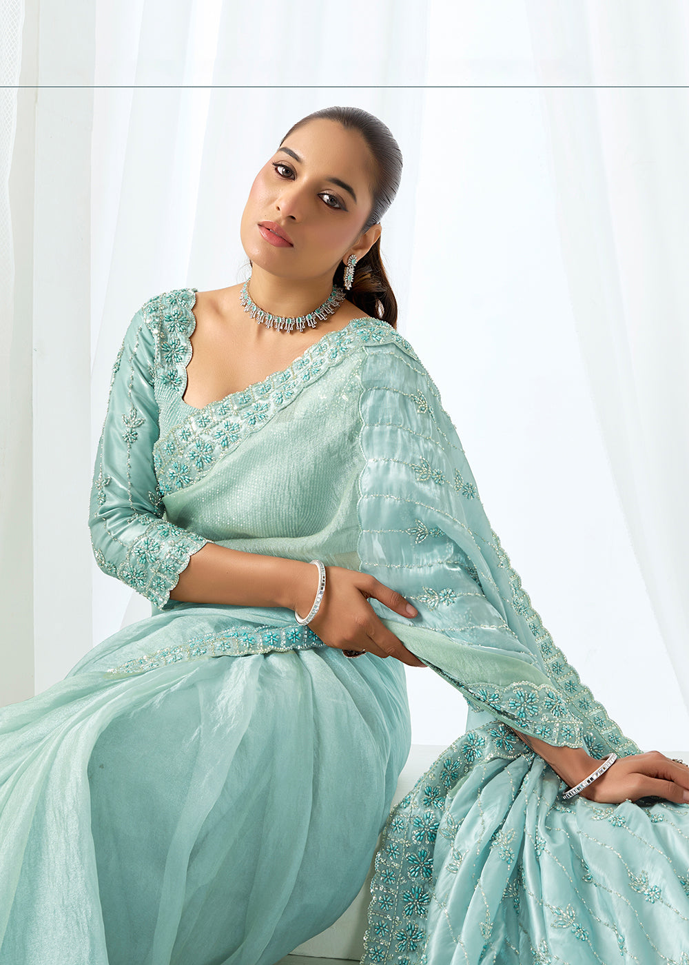 Buy Now Sea Green Embroidered Wedding Party Wear Saree Online in US, UK, Canada, France, Germany, Denmark, Netherland, Sweden, UAE & Worldwide at Empress.