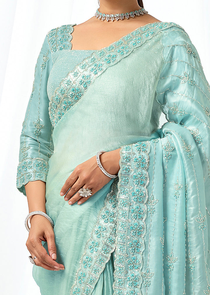 Buy Now Sea Green Embroidered Wedding Party Wear Saree Online in US, UK, Canada, France, Germany, Denmark, Netherland, Sweden, UAE & Worldwide at Empress.