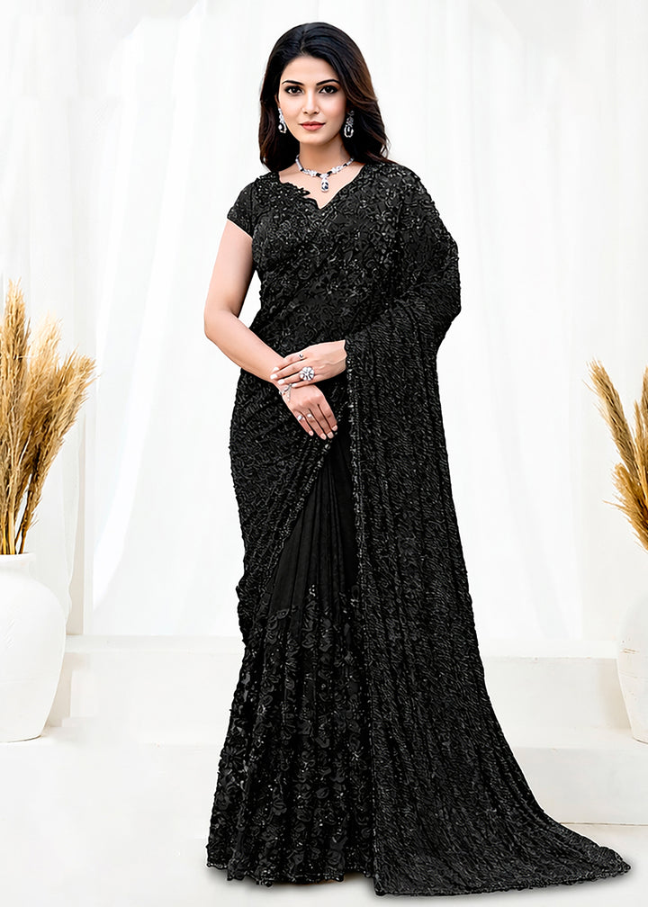 Buy Now Jet Black Embroidered Wedding Party Wear Saree Online in US, UK, Canada, France, Germany, Denmark, Netherland, Sweden, UAE & Worldwide at Empress.