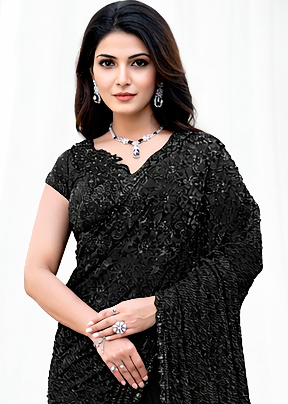Buy Now Jet Black Embroidered Wedding Party Wear Saree Online in US, UK, Canada, France, Germany, Denmark, Netherland, Sweden, UAE & Worldwide at Empress.