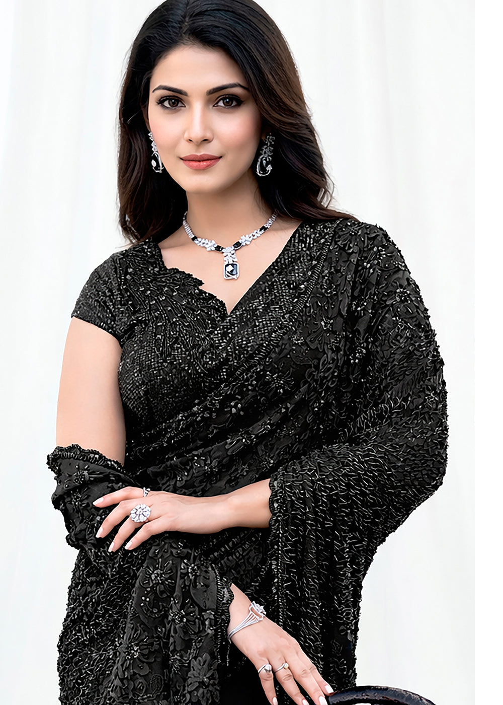 Buy Now Jet Black Embroidered Wedding Party Wear Saree Online in US, UK, Canada, France, Germany, Denmark, Netherland, Sweden, UAE & Worldwide at Empress.