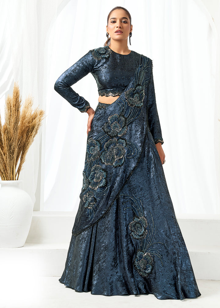 Buy Dark Blue Fancy Material Designer Lehenga Saree Online in US, UK, Canada, Spain, France, Germany, Italy, Austria, Ireland, Sweden & Worldwide at Empress.