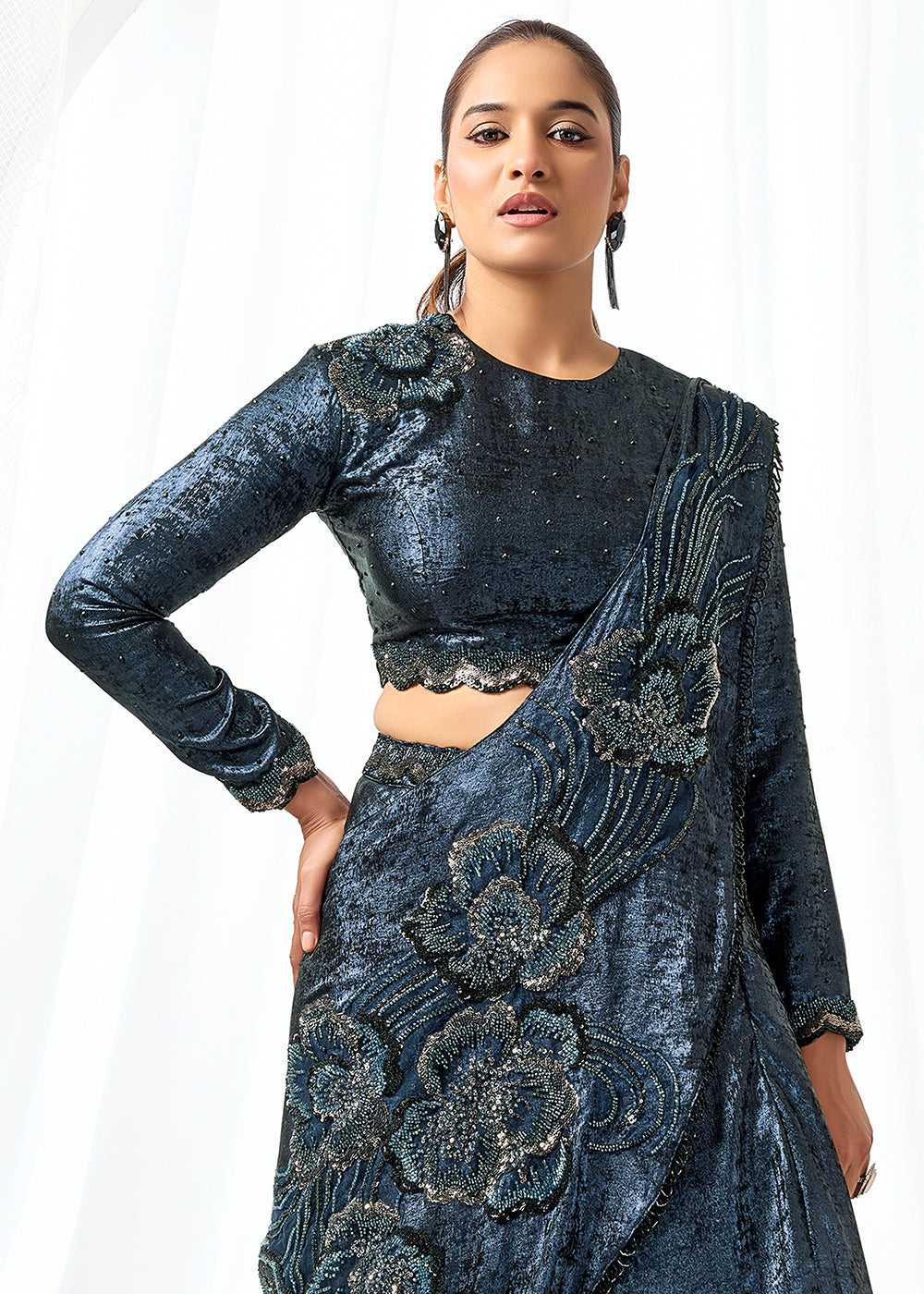 Buy Dark Blue Fancy Material Designer Lehenga Saree Online in US, UK, Canada, Spain, France, Germany, Italy, Austria, Ireland, Sweden & Worldwide at Empress.