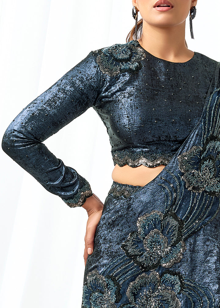 Buy Dark Blue Fancy Material Designer Lehenga Saree Online in US, UK, Canada, Spain, France, Germany, Italy, Austria, Ireland, Sweden & Worldwide at Empress.
