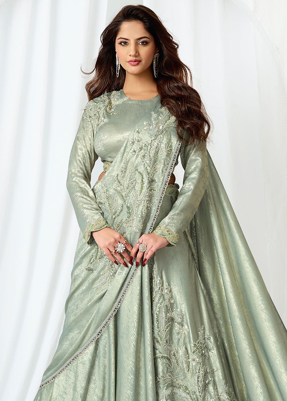 Buy Pista Green Fancy Material Designer Lehenga Saree Online in US, UK, Canada, Spain, France, Germany, Italy, Austria, Ireland, Sweden & Worldwide at Empress.