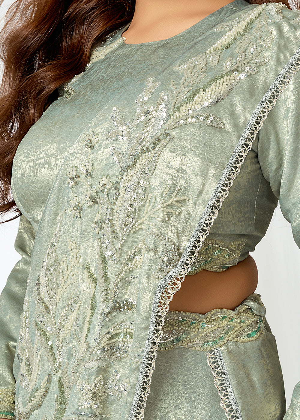 Buy Pista Green Fancy Material Designer Lehenga Saree Online in US, UK, Canada, Spain, France, Germany, Italy, Austria, Ireland, Sweden & Worldwide at Empress.