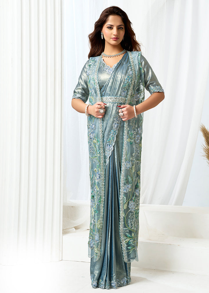 Buy Metallic Grey Fancy Material Designer Party Wear Saree Online in US, UK, Canada, France, Germany, Italy, Austria, Ireland, Sweden & Worldwide at Empress.