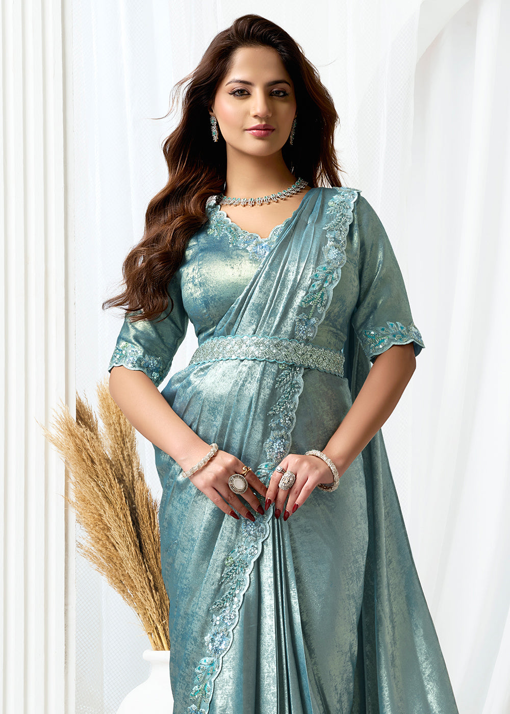 Buy Metallic Grey Fancy Material Designer Party Wear Saree Online in US, UK, Canada, France, Germany, Italy, Austria, Ireland, Sweden & Worldwide at Empress.