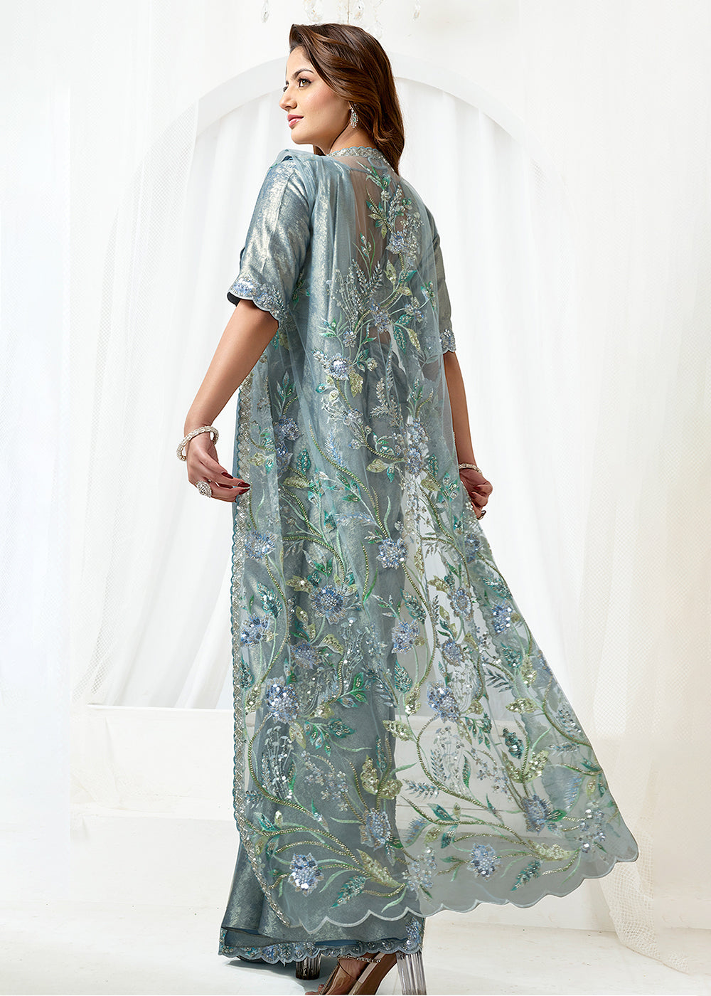 Buy Metallic Grey Fancy Material Designer Party Wear Saree Online in US, UK, Canada, France, Germany, Italy, Austria, Ireland, Sweden & Worldwide at Empress.
