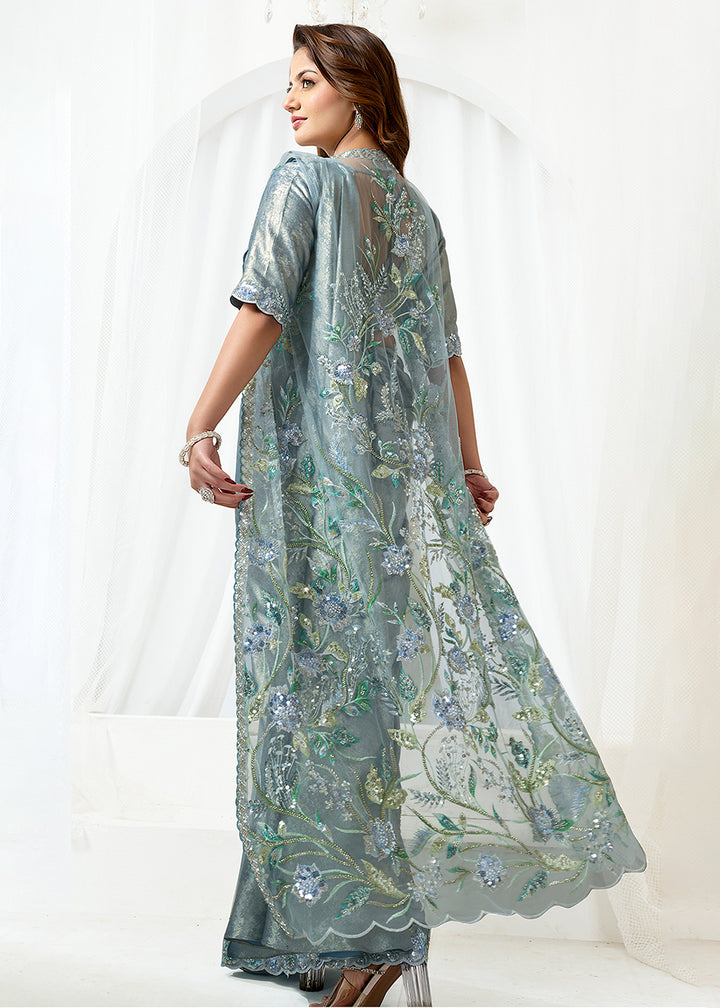 Buy Metallic Grey Fancy Material Designer Party Wear Saree Online in US, UK, Canada, France, Germany, Italy, Austria, Ireland, Sweden & Worldwide at Empress.
