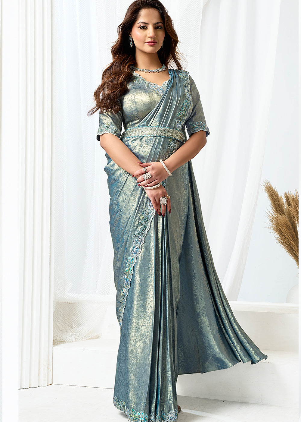 Buy Metallic Grey Fancy Material Designer Party Wear Saree Online in US, UK, Canada, France, Germany, Italy, Austria, Ireland, Sweden & Worldwide at Empress.
