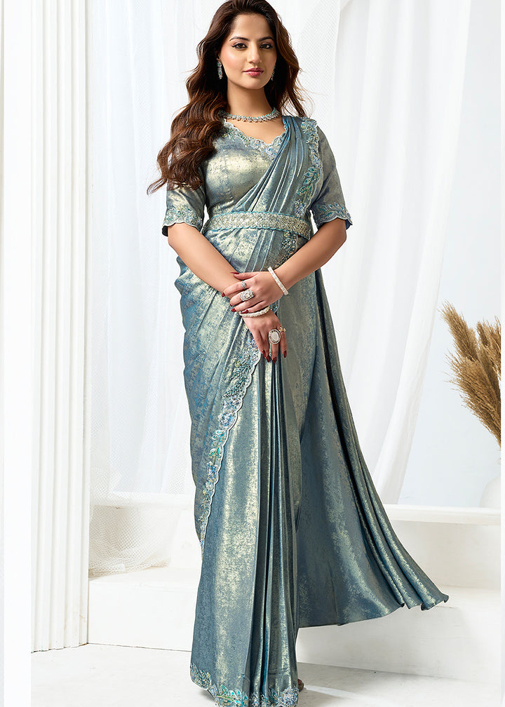 Buy Metallic Grey Fancy Material Designer Party Wear Saree Online in US, UK, Canada, France, Germany, Italy, Austria, Ireland, Sweden & Worldwide at Empress.