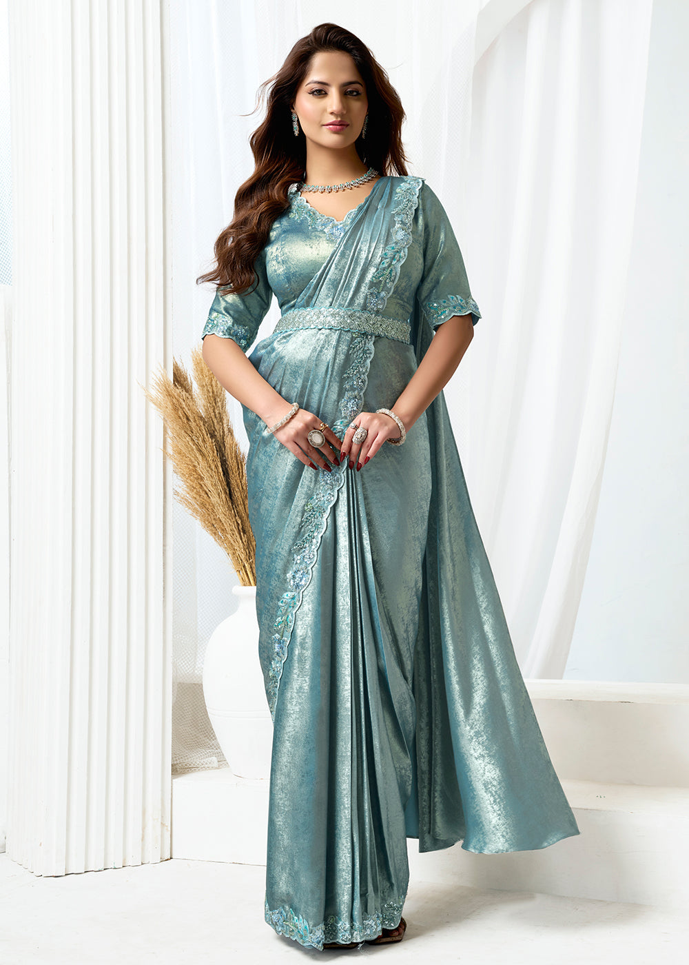 Buy Metallic Grey Fancy Material Designer Party Wear Saree Online in US, UK, Canada, France, Germany, Italy, Austria, Ireland, Sweden & Worldwide at Empress.