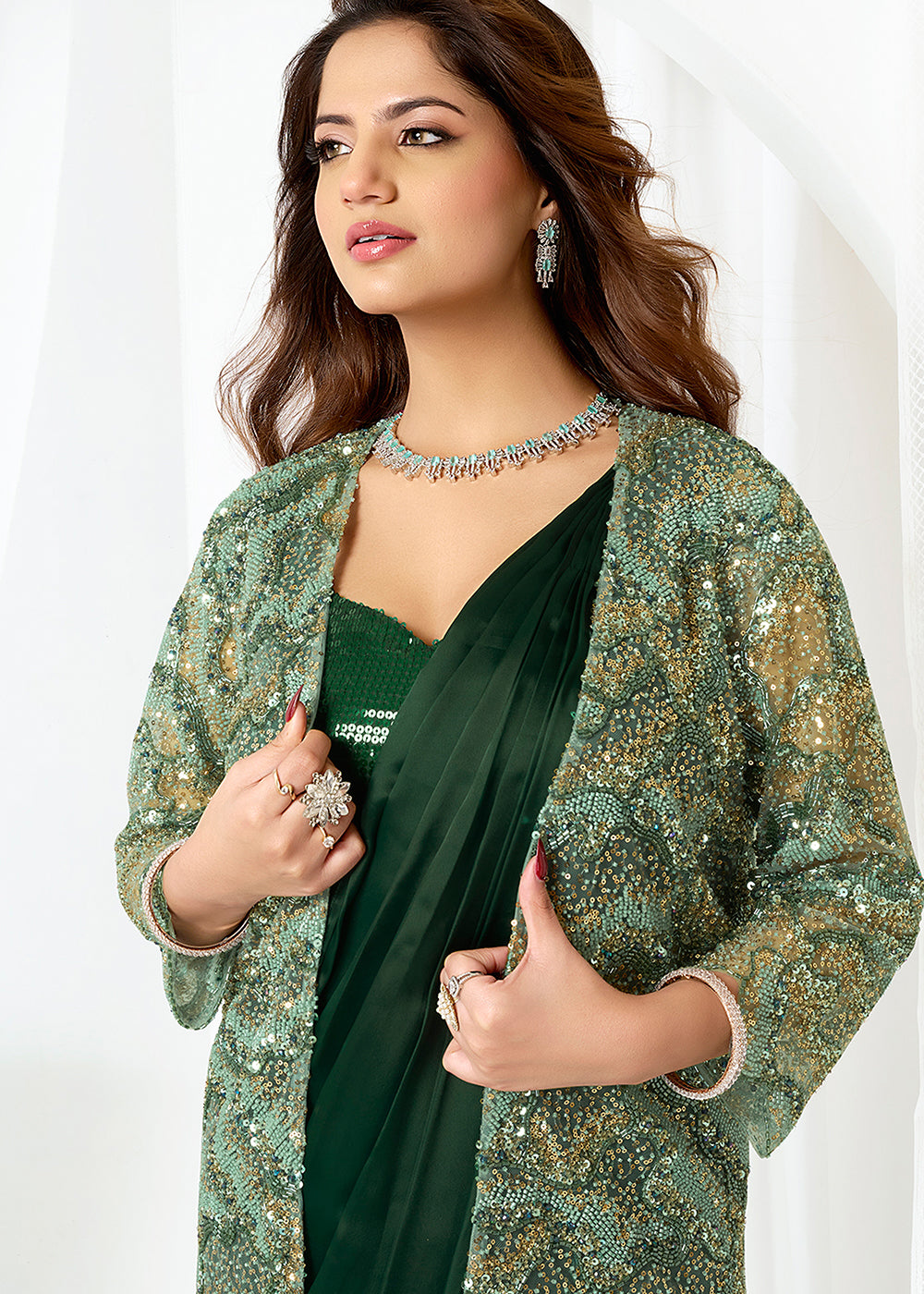 Buy Bottle Green Fancy Material Designer Party Wear Saree Online in US, UK, Canada, France, Germany, Italy, Austria, Ireland, Sweden & Worldwide at Empress.