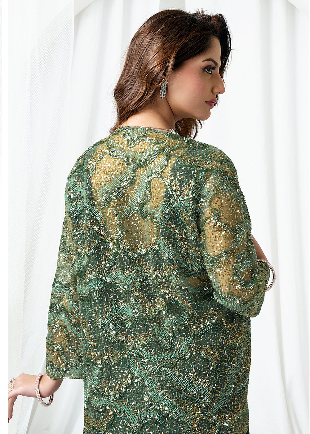 Buy Bottle Green Fancy Material Designer Party Wear Saree Online in US, UK, Canada, France, Germany, Italy, Austria, Ireland, Sweden & Worldwide at Empress.