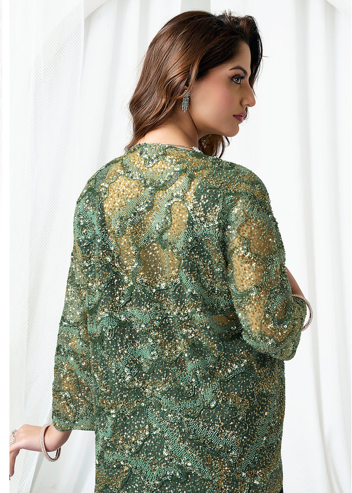 Buy Bottle Green Fancy Material Designer Party Wear Saree Online in US, UK, Canada, France, Germany, Italy, Austria, Ireland, Sweden & Worldwide at Empress.