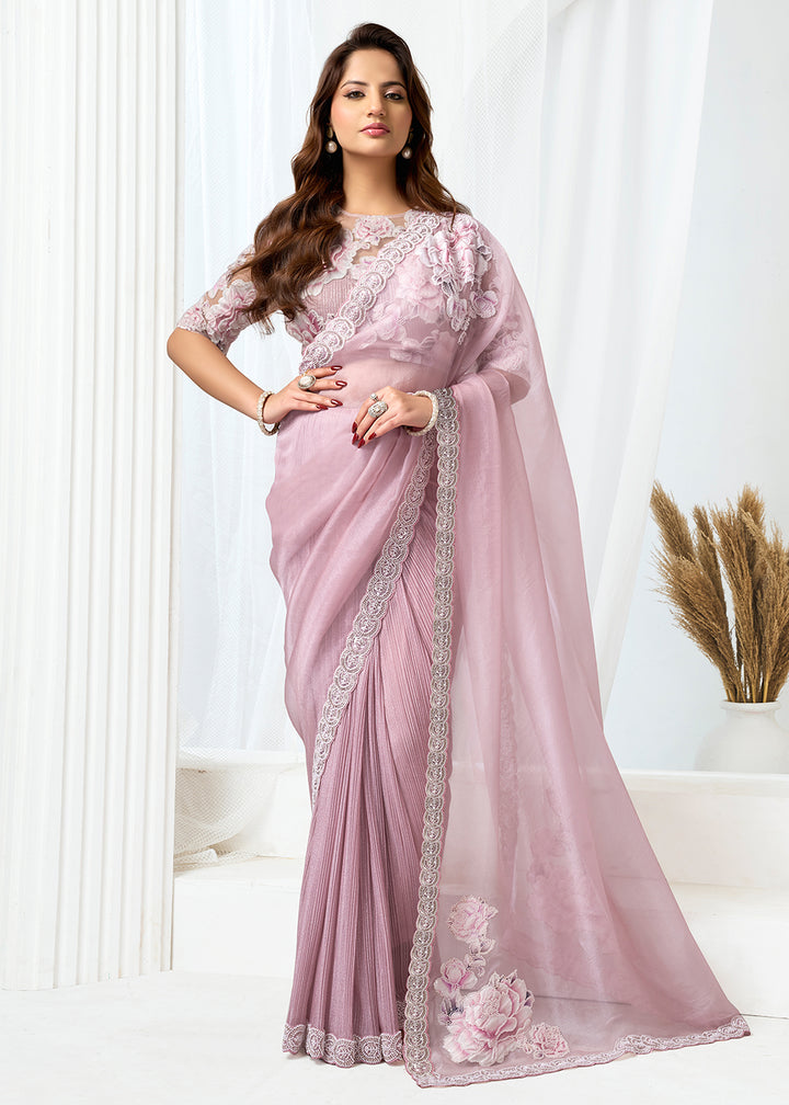 Buy Now Blush Pink Fancy Material Designer Party Wear Saree Online in US, UK, Canada, France, Germany, Denmark, Netherland, Sweden, UAE & Worldwide at Empress.