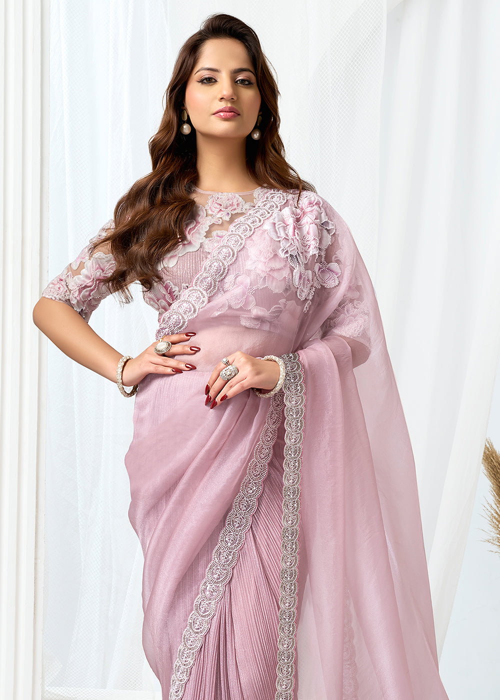 Buy Now Blush Pink Fancy Material Designer Party Wear Saree Online in US, UK, Canada, France, Germany, Denmark, Netherland, Sweden, UAE & Worldwide at Empress.
