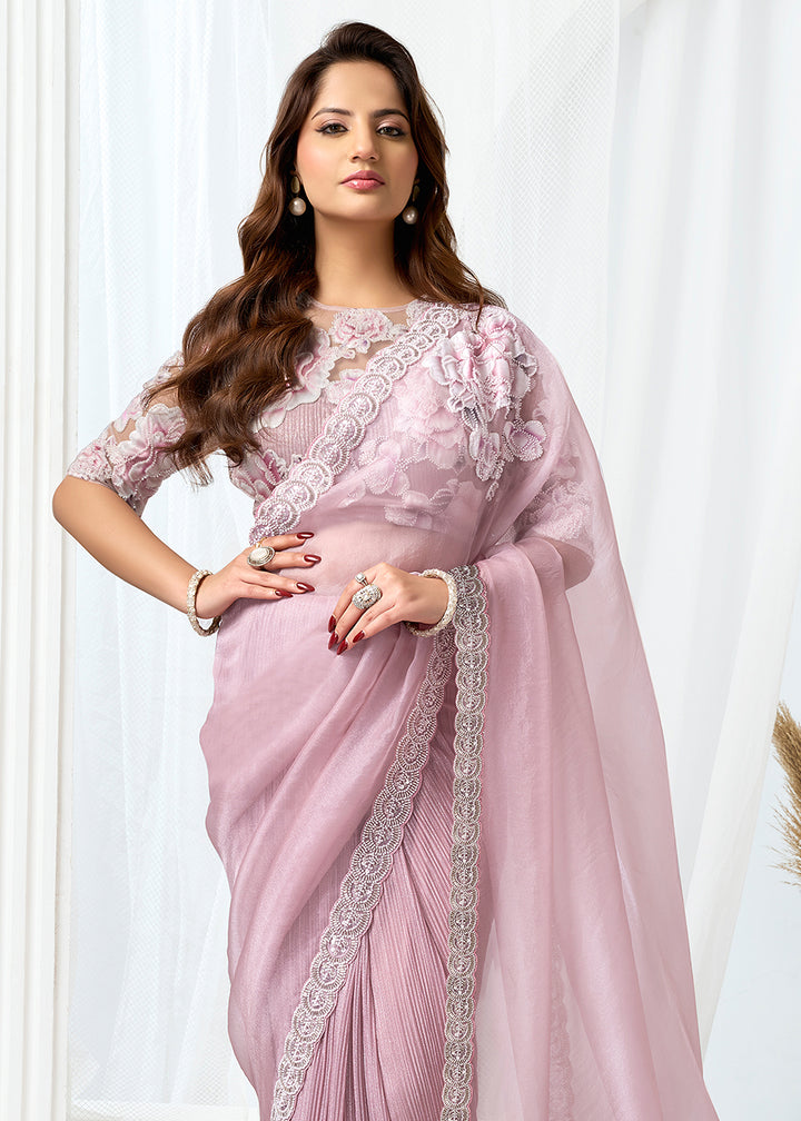 Buy Now Blush Pink Fancy Material Designer Party Wear Saree Online in US, UK, Canada, France, Germany, Denmark, Netherland, Sweden, UAE & Worldwide at Empress.